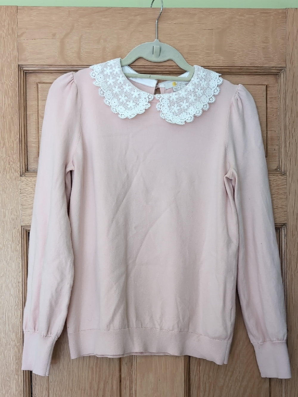 Boden Blush Pink Sweater with White Lace Peter Pan Collar